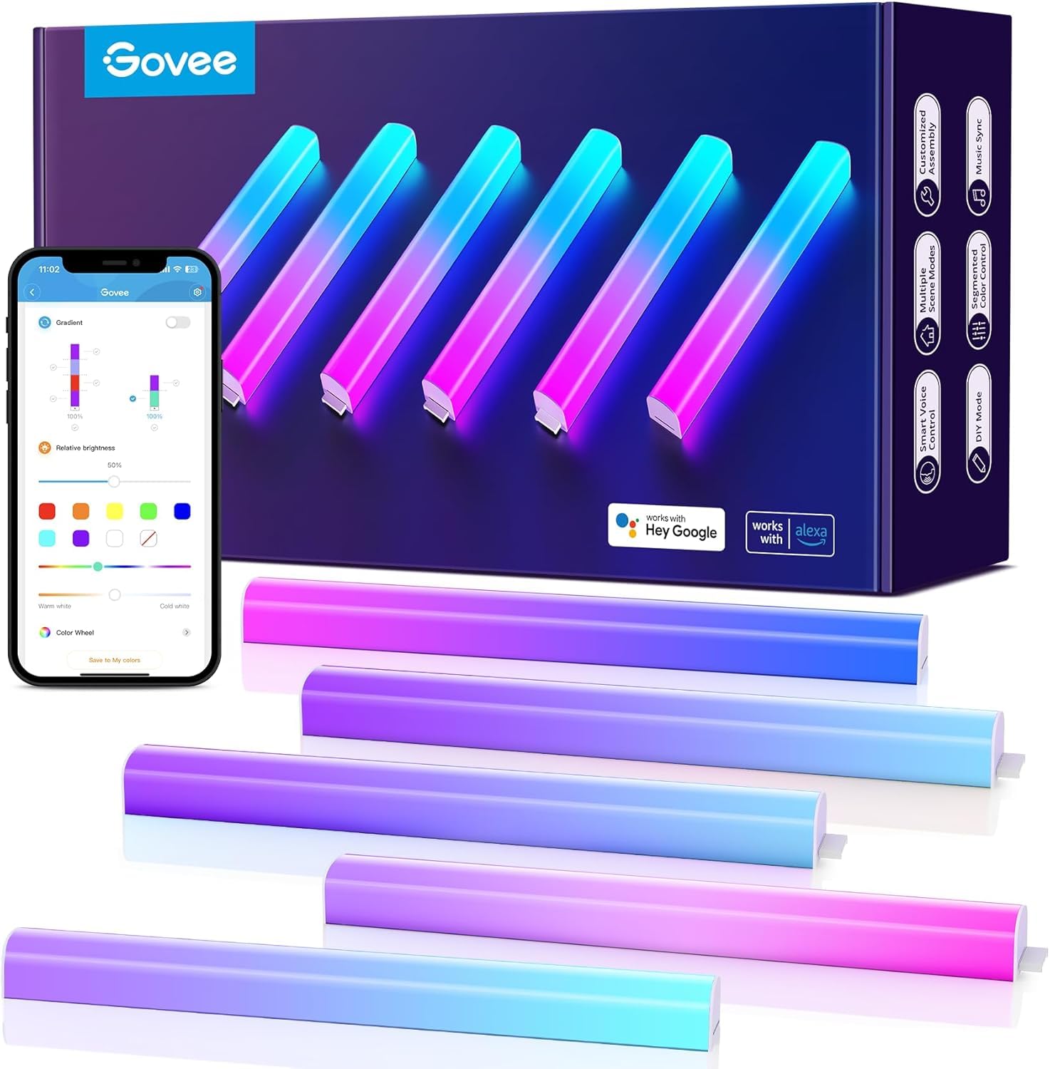 Govee LED RGBIC Glide Wall Lights Smart, Works with Alexa and Google Assistant, Intelligent Lively Illumination for Gaming Room, Music Sync and Dynamic Scenes, 6 pcs