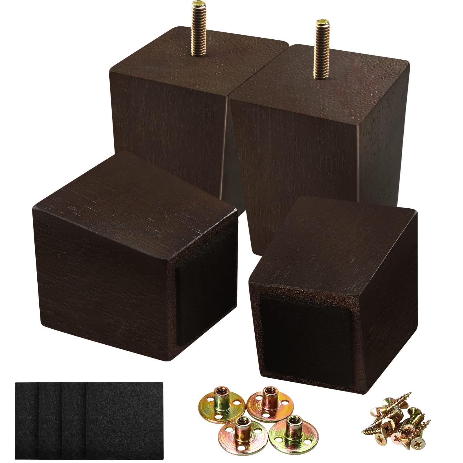 KOIKEY Sofa Bed Wooden Furniture Legs 7.62cm Modern Solid Wood Square Replacement Feet for Ottoman Cabinets Couch Armchair Coffee Table Chair Cupboard, Walnut Colour, Set of 4