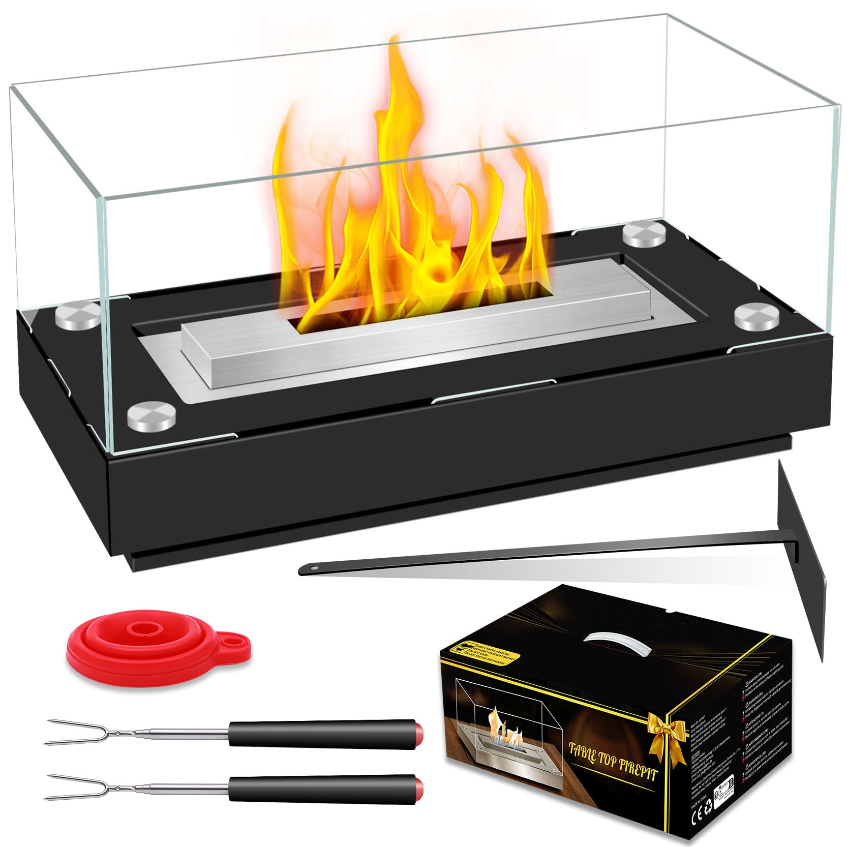 Photo 1 of WOFITD Tabletop Fire Pit - 2024 Upgrade Metal Alcohol Tabletop Fireplace with 4 Pieces of Glass, Flame Snuffer and 2 Extendable Roasting Sticks for Smores Maker, Table Top Firepit for Outdoor Indoor