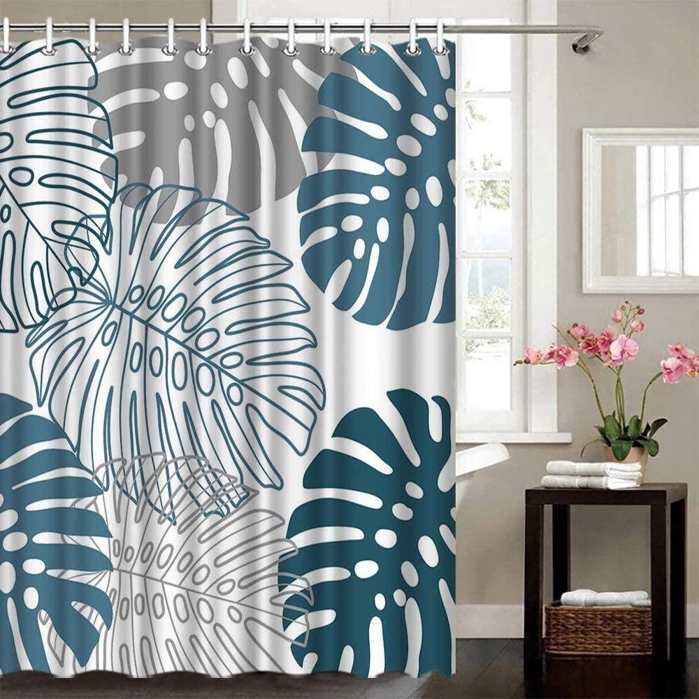 Amazon Mx Xxuouo ブルートロピカルプラントリーフシャワーカーテン モンステラの葉 フック付き ボタニカルテーマ バスルーム装飾 防水ポリエステル生地 シャワーカーテン ホーム キッチン オンライン通販