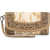 Montana West Wristlet Wallets for Women Western Floral Tooled Cowhide Wallets Large Capacity Trifold Wallet with ID Window