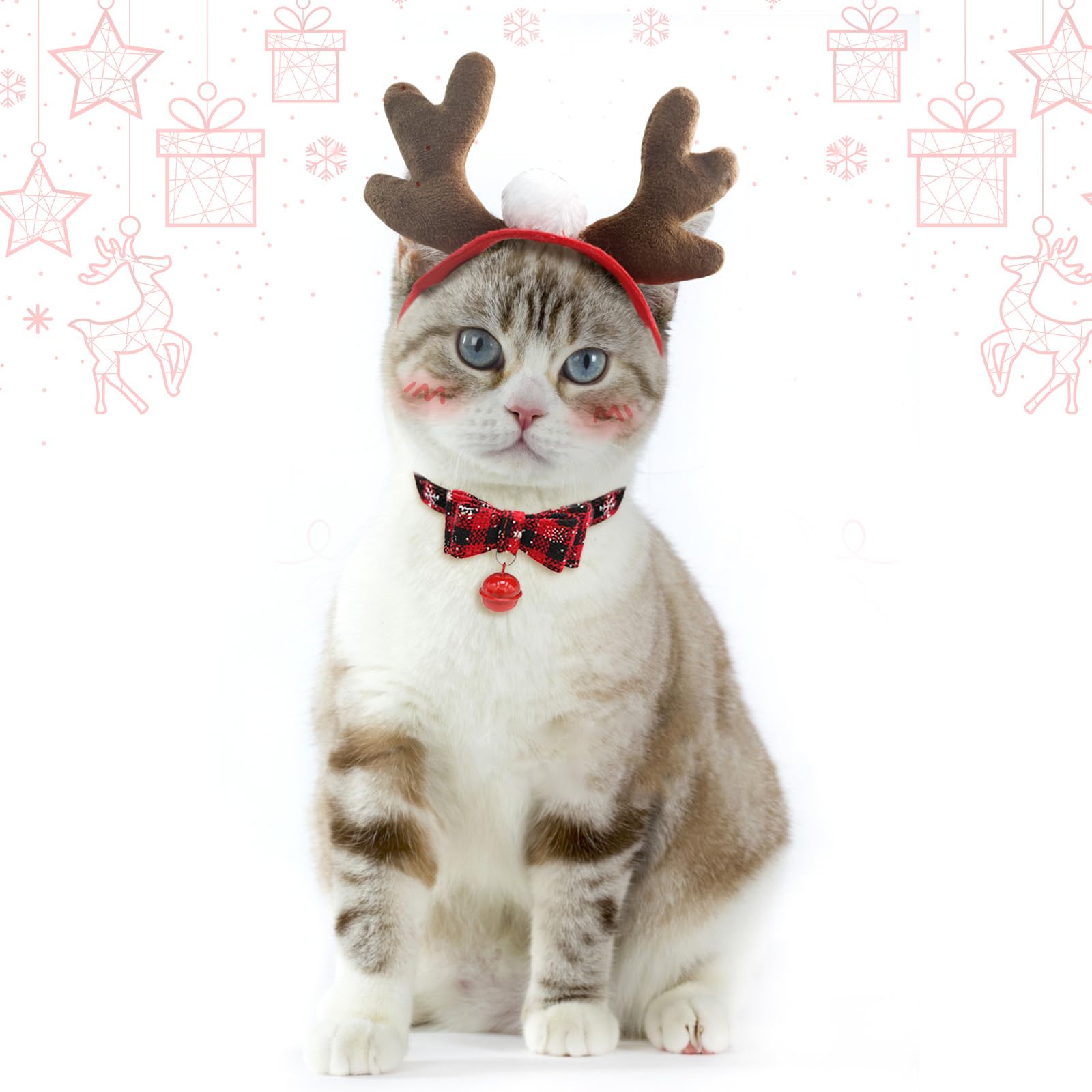 PETLESO Pet Costume Christmas Pet Collar with Bell Cute Antlers Suitable for Cats/Puppies/Rabbits/Dolls, Red
