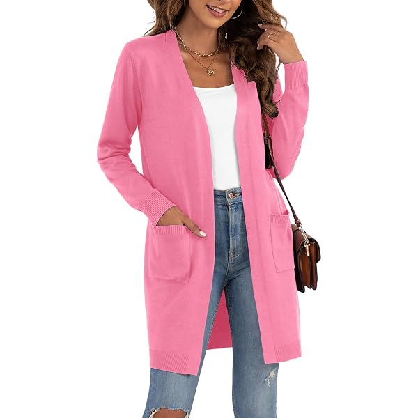 Urban Look Women's Long Sleeve Open Front Cardigan - Soft Ribbed Hem, Hip Length, Pink Medium