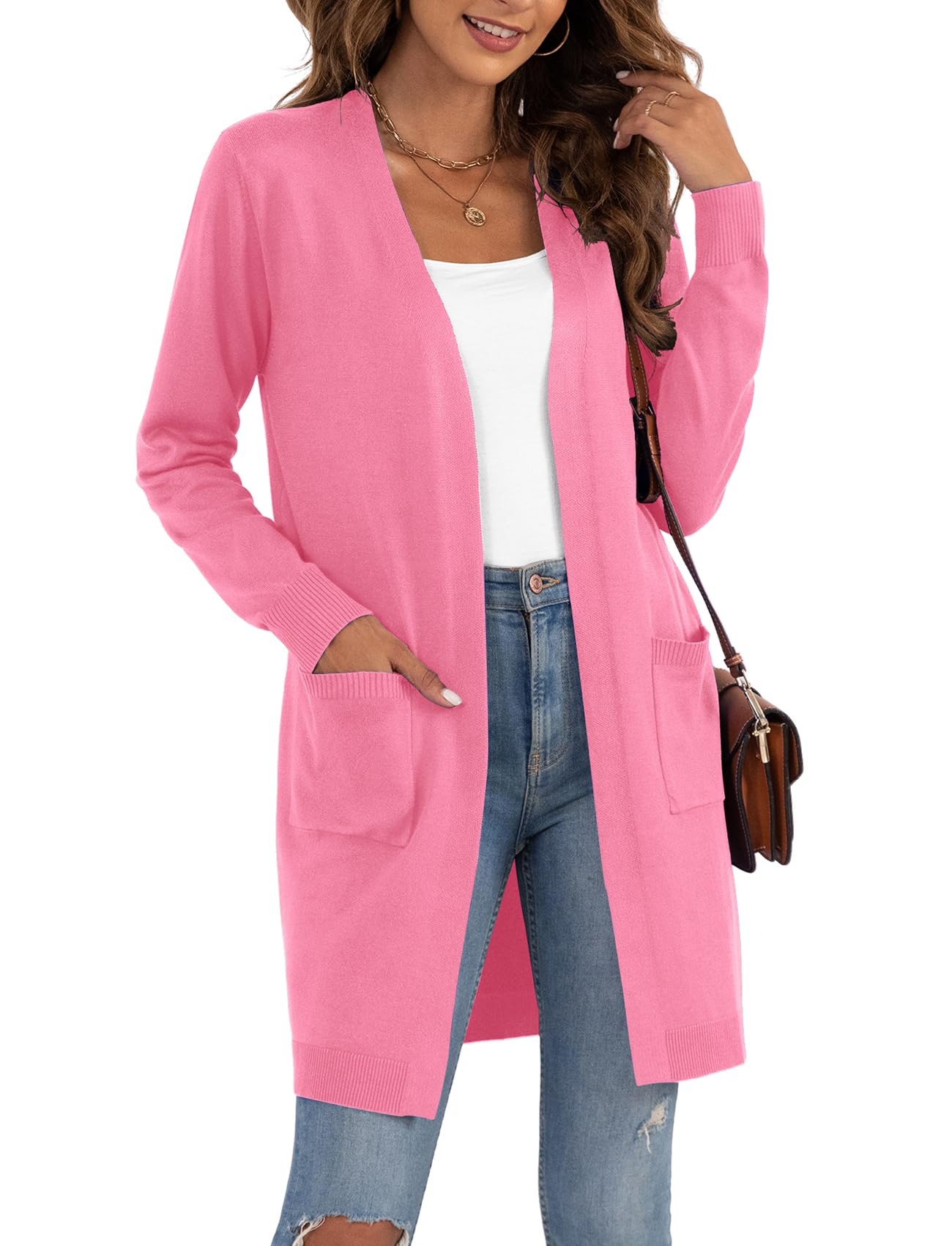 VIISHOW Women's Long Sleeve Open Front Draped Loose Knit Midi Length Lightweight Cardigan Sweater Coat with Pockets, Deep Pink, Medium Image
