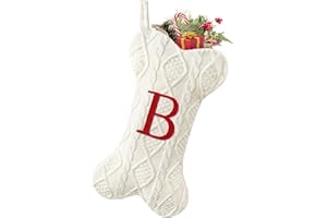 Malier Dog Christmas Stocking with Initials, Letter A Embroidered Knit Christmas Stocking for Dogs, White Large Bone Shape Xmas Pet Stockings Hanging Stocking for Dogs Cats Pets (White, Letter-B)