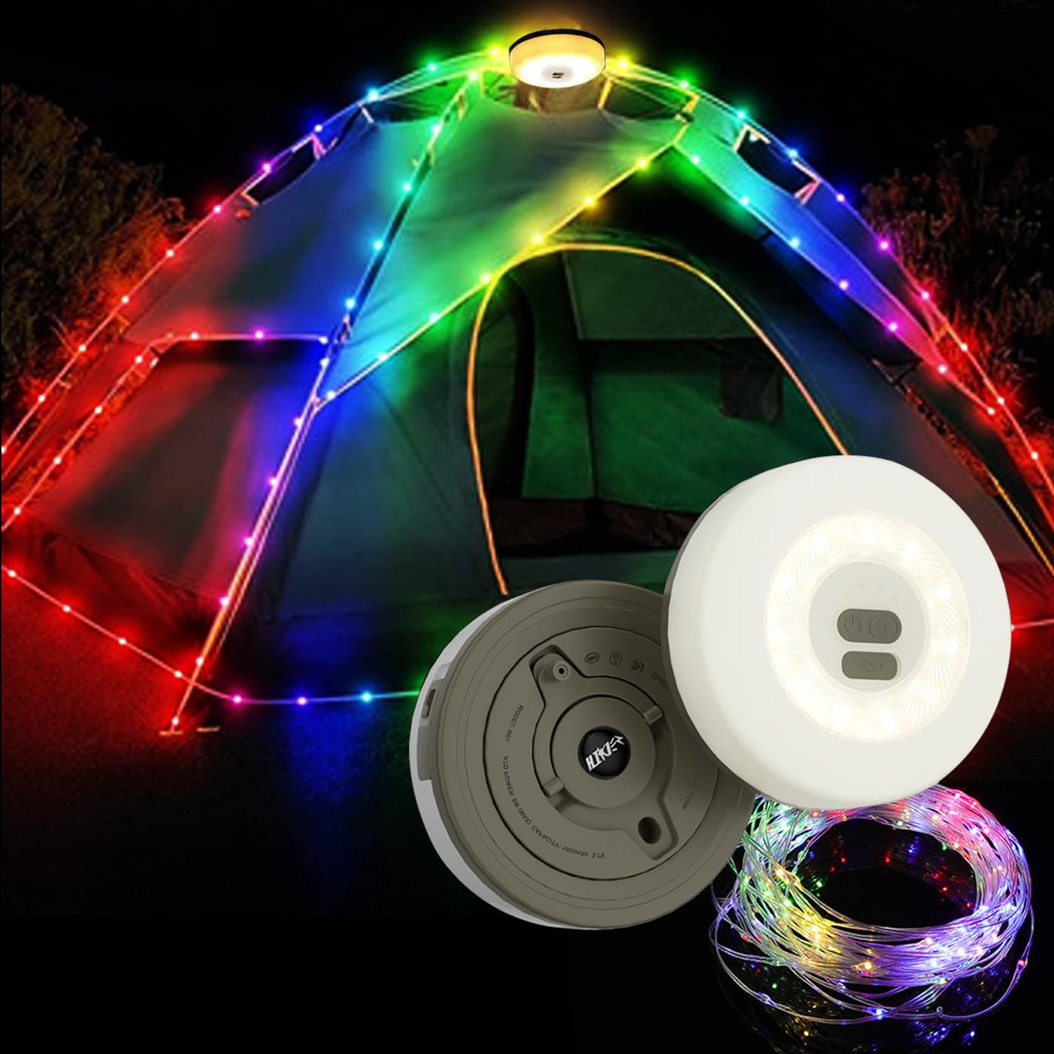 Leehui Camping String Lights, Portable LED Strip Light, USB Rechargeable IP65 6M RGB Rope Tent Star Lantern for Campsite, Awning, Kids Play Area, Bedroom, Car, Backyard, (RGB&APP, Green)