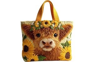 Women's Highland Cow Tote Bag Highland Cow Flower Print Reusable Grocery Bag Animals Quilted Totes