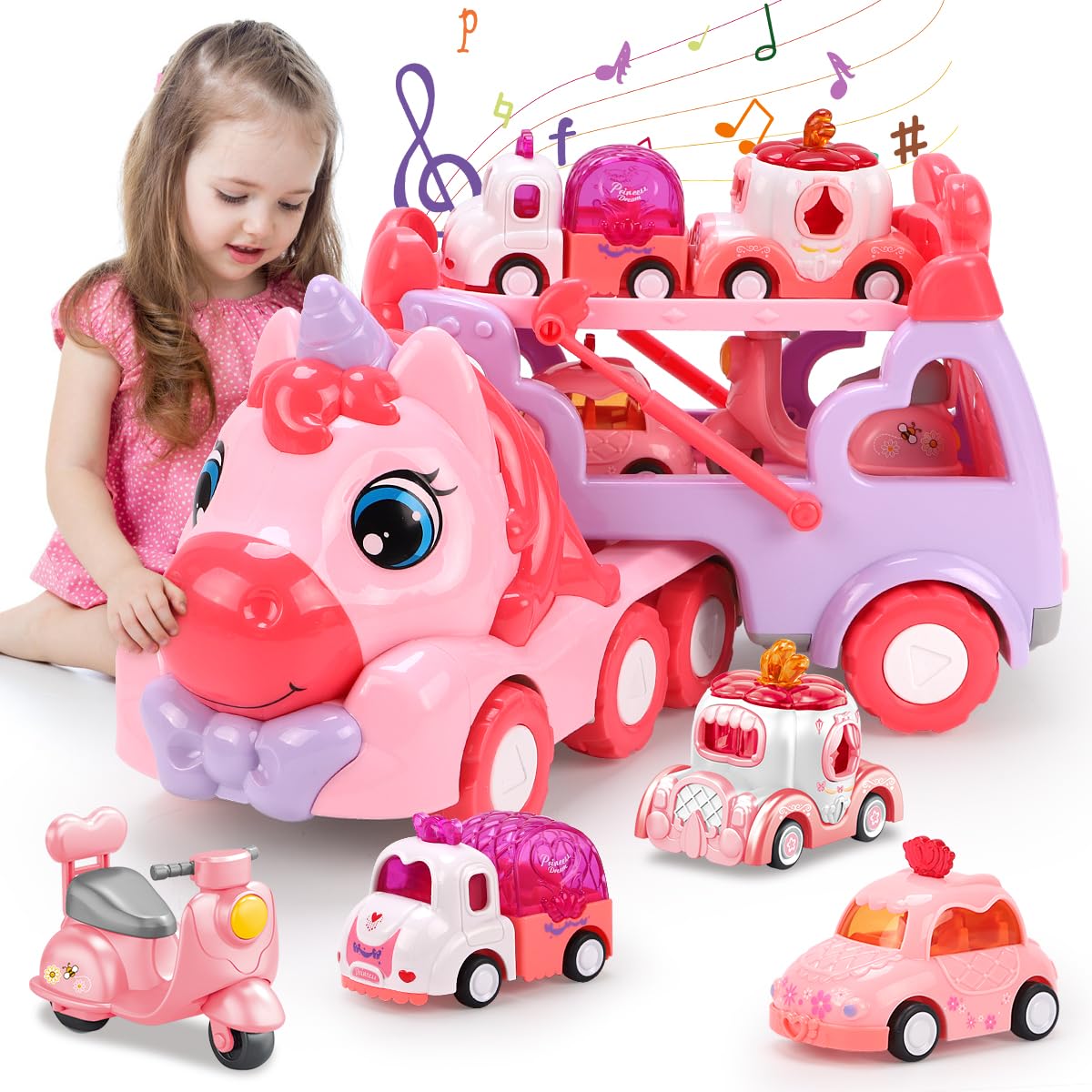 RUIDYA 5 IN 1 Unicorn Toy Girl Cars, Carrier Truck Toys for Toddlers with Sound&Light, Birthday Christmas Toy Gifts for 3 4 5+ Year Old Baby Girls Boys Kids (Pink)