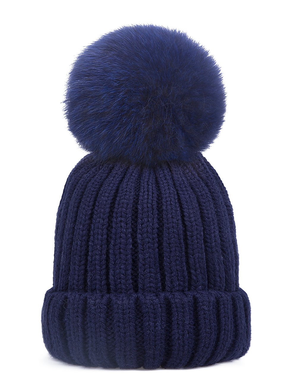 EVRFELAN Winter Hand Faux Fur Hat Pompoms Beanie Cable Knit Warm Family Crochet Ski Skull Cap for Girls (fox dark blue)