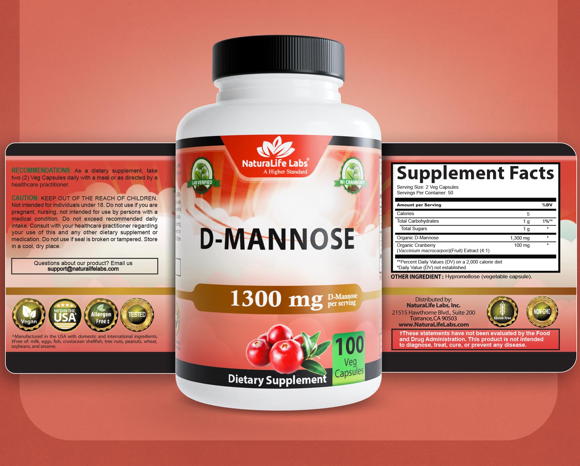 NaturaLife Labs Organic D-Mannose 1300 mg with Organic Cranberry Extract 100 mg per Serving – 100 Capsules – Non-GMO, Gluten-Free, Vegan
