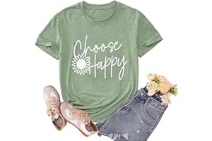 Caipudan Graphic Tees for Women Choose Happy Letter Print Shirts Sunflower Women T Shirt Funny Short Sleeve Casual Tops
