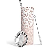 Heqianco Leopard Tumbler for Women With Lid And Straw 20oz Print Tumbler Stainless Steel Insulated Cup Pink Leopard Coffee Travel Mug