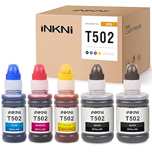 INKNI Compatible Ink Bottle Replacement for Epson 502 T502 Refill Ink Expression ET-2700 ET-2750 ET-3700 Workforce ET-3750 ET-4750 ST-2000 ST-3000 ST-4000 ET-7750 (Black,Cyan,Magenta,Yellow,5-Pack)