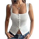 SOLY HUX Women's Ribbed Button Down Tank Tops Square Neck Sleeveless Summer Tight Vest Shirts