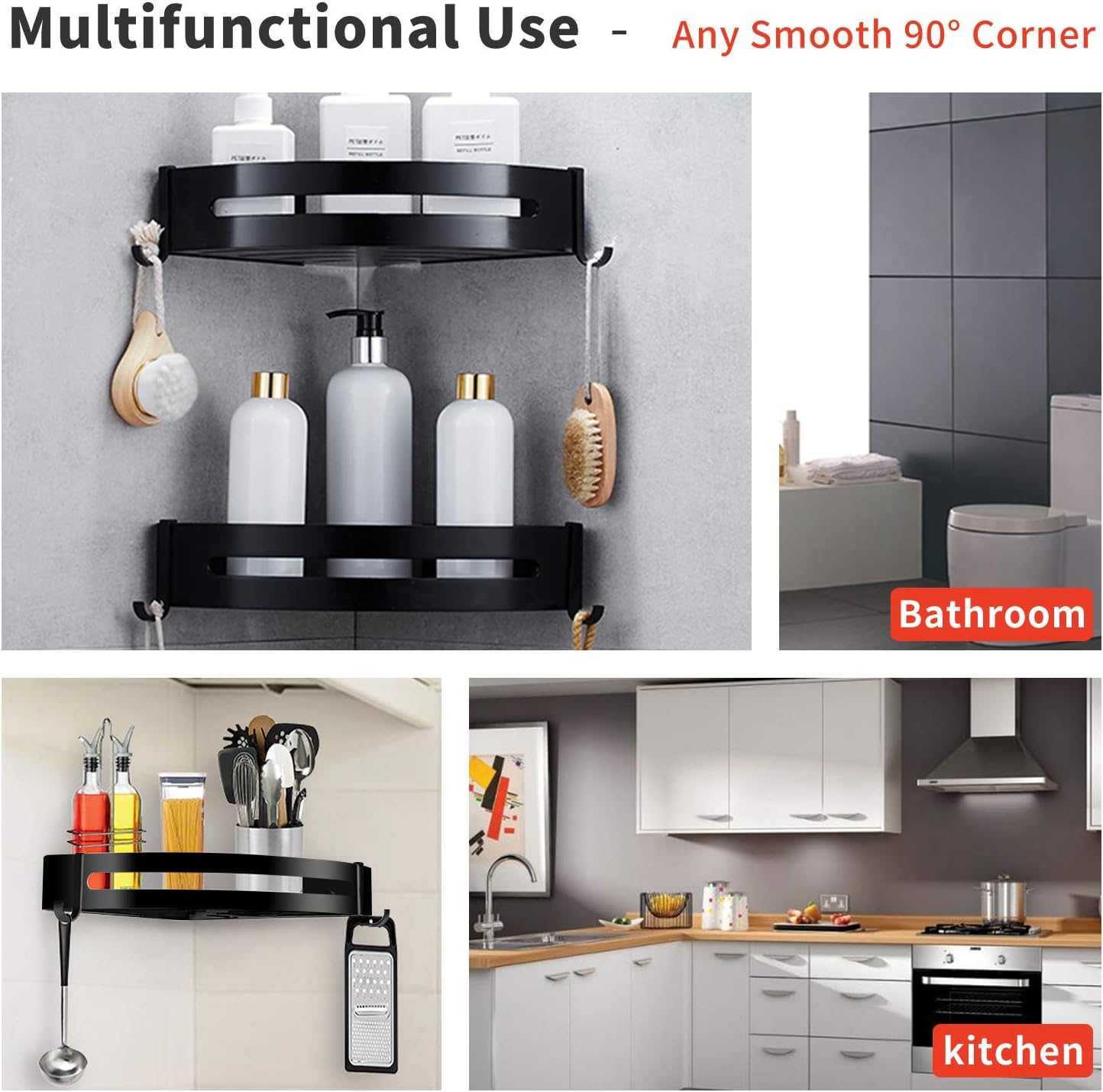 AK KYC Shower Corner Shelf Shower Caddy Nail Free Wall Mounted Bathroom Shelves-Adhesive(No Drilling)in 2 Pack with 4 Removable Hooks Rustproof Aluminum Basket Organizer Hanging Storage kitchen-Black: Home Improvement