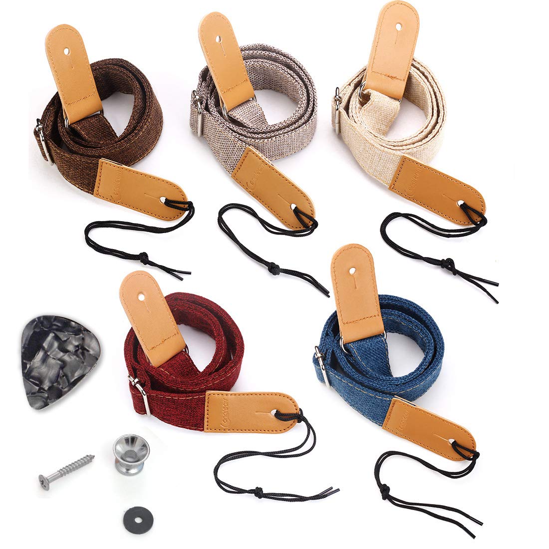 longteam Simple Linen Leather Ukulele Strap Adjustable Length Durable Uke Straps with Nail, Rope, Picks (Linen Brown) — image 1