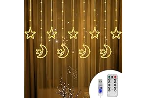 BomKra 130 LED Star Moon Curtain Decorative Lights, Ramadan Window Curtain Fairy String Lights, Remote Control & USB Plug, 8 
