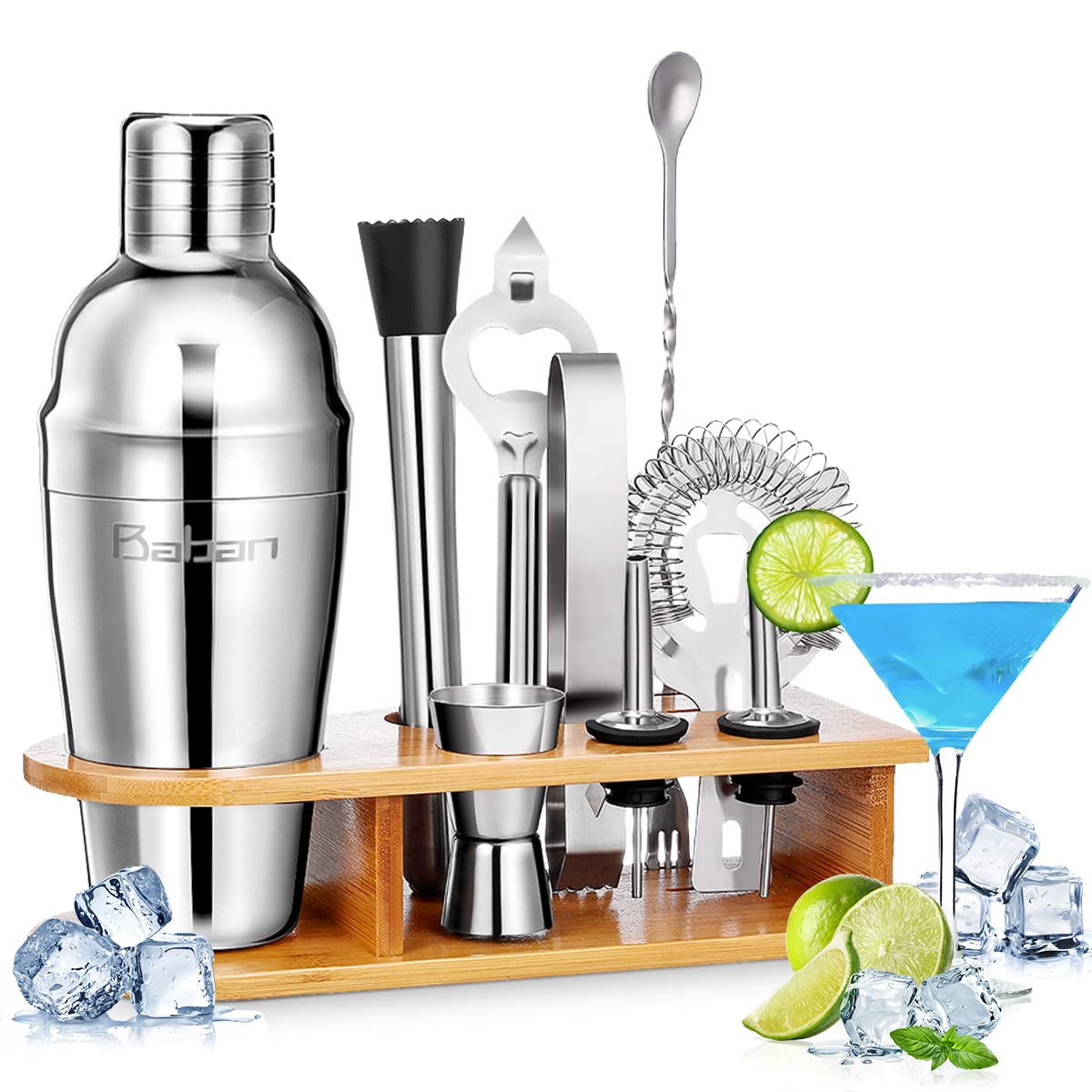 Baban Cocktail Shaker Set 9+1PCS Cocktail Making Set 750ml Barware Set Stainless Steel Bartender Kit with Display Stand, Cocktail Set Gift for Birthday