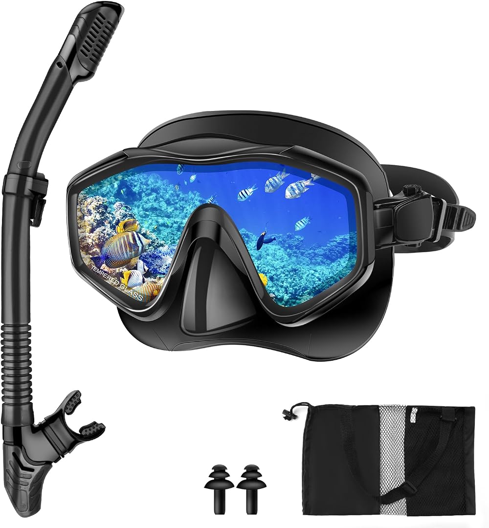 Immver Snorkel Set Adults Panoramic Mask Dry Snorkel Tempered Glass