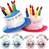 Okllen Birthday Hats Set of 2 for Adults, Plush Cake Hats with Sunglasses, Funny Party Novelty Hats for Birthday Party Favors, Blue & Pink