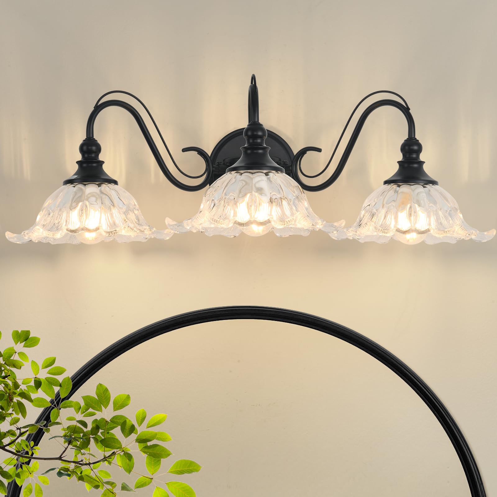 Photo 1 of Pandaluna Vintage Bathroom Vanity Light Fixture, 3-Light Antique Matte Black Finish with Clear Flower-Shaped Glass Shades, E26 Base, 25.2 Inch Vanity Light Bathroom Lighting Fixtures Over Mirror