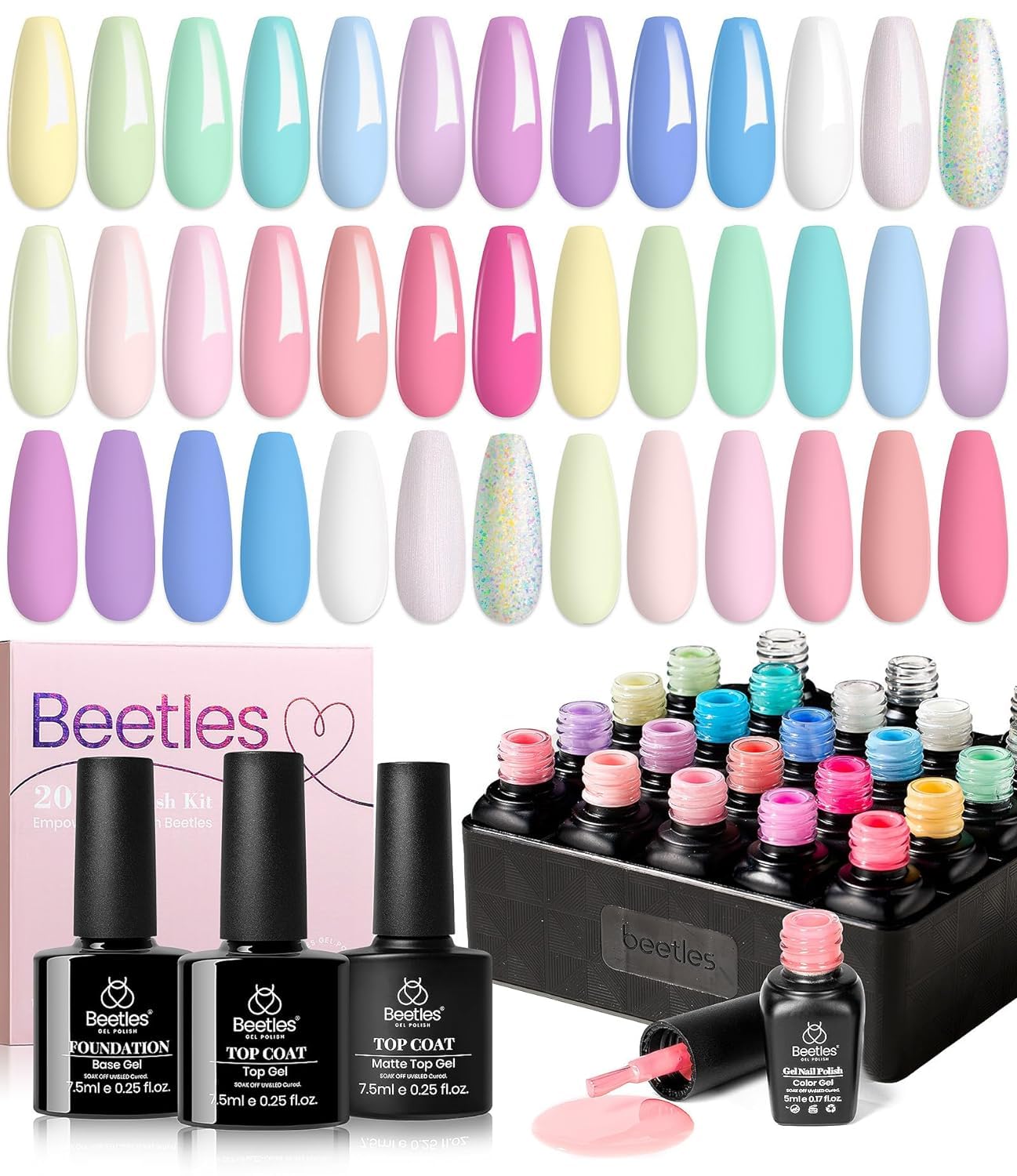 beetles Gel Polish Nail Set 20 Colors Spring Pastel Girly Sparkle Glitter Uv Gel Dreamy Town Collection Macaroon Bright Pastel Nail Manicure Kit with 3Pcs Base Top Coat Gift for Women - Image 7