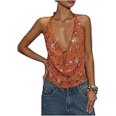 SOLY HUX Women's Sequin Deep V Halter Top Draped Sleeveless Backless Y2k Going Out Tops Party Club Outfits