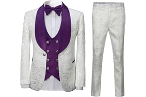 pbyoulna Men's Paisley Jacquard Tuxedo, One Button Shawl Lapel 3 Piece Suit