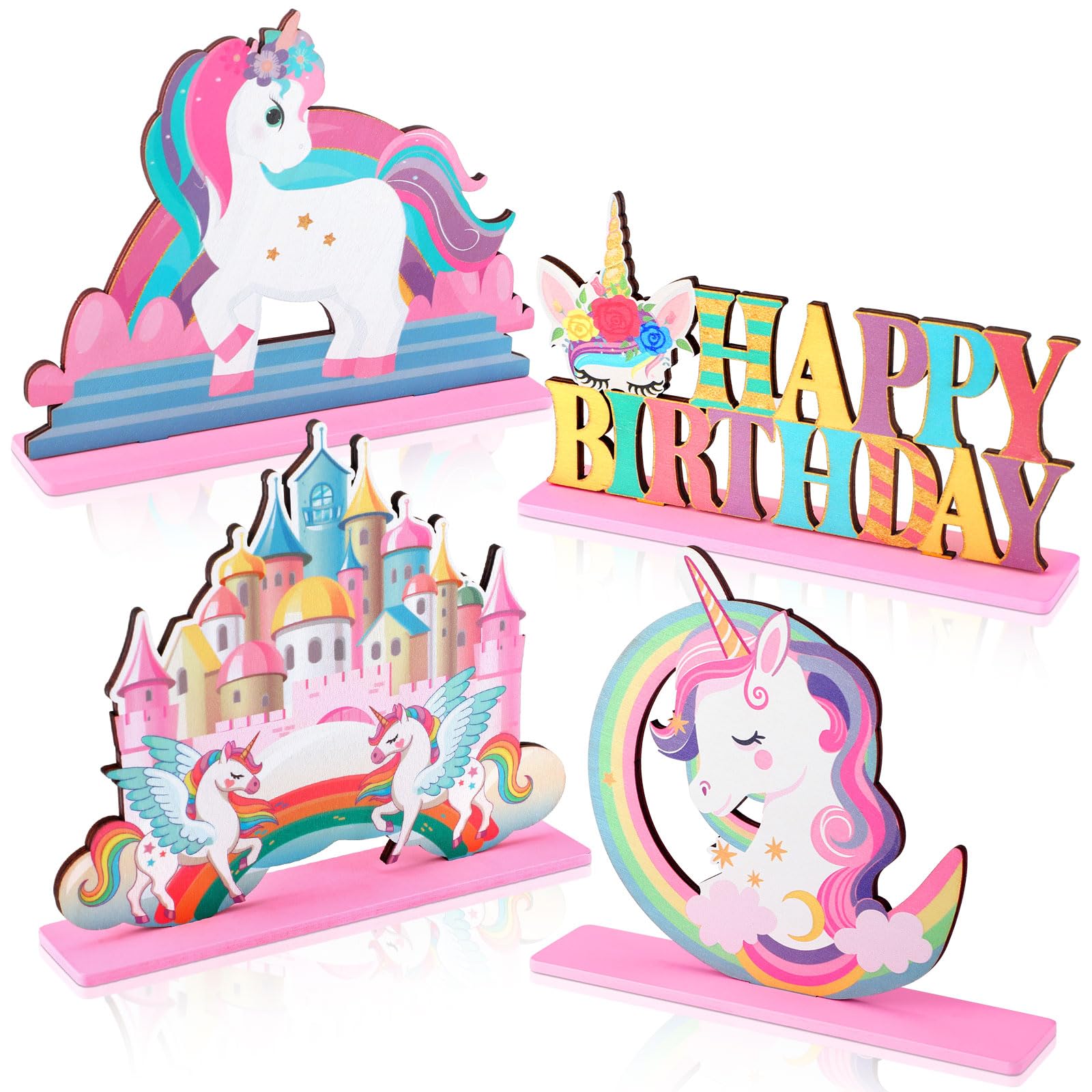 Photo 1 of Barydat 4 Pcs Unicorn Birthday Table Centerpiece Rainbow Decorations Wooden Unicorn Theme Birthday Sign Photo Props for Girls Party Favors Baby Shower Supplies (Vivid)