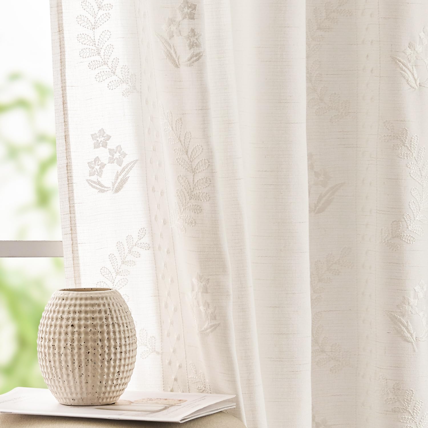 Photo 1 of jinchan Belrose Linen Curtains for Bedroom Floral Curtains 96 Inch Length Linen Blend White Embroidered Drapes Farmhouse Flower Patterned Drapes for Living Room Window Treatments Set 2 Panels