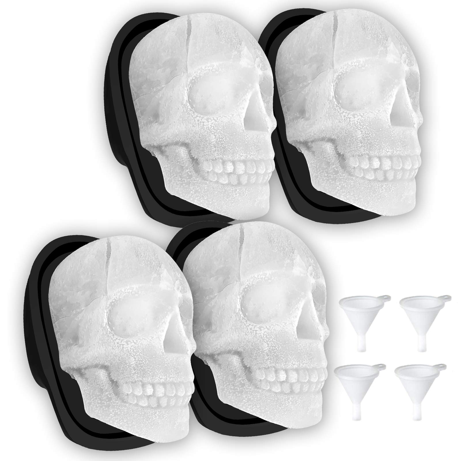 Photo 1 of Extra Large 3D Skull Ice Cube Mold Silicone Ice Molds for Whiskey Skull Ice Cube Trays with Funnel for Big Mouth Cup Skull Ice Maker with Resin Chocolate sugar Whiskey Ice Mold for Parties (4 Pcs)