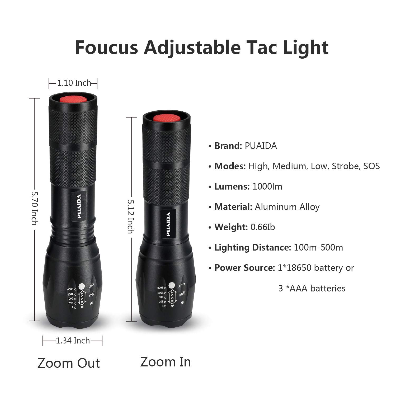 2 Pack LED Tactical Flashlights, Puaida Military Grade Tac Light with Batteries – Waterproof and Zoomable Flashlights with 5 Modes - Ultra Bright Handheld Torch Flash Lights for Camping, Hiking