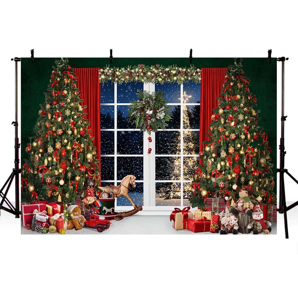 AIBIIN 7x5ft Christmas Photography Backdrop Xmas Tree Light Glitter Garland Toy Gifts Snowflakes Window Wallpaper Portrait Decor Background Family Party Decoration Photo Supplie