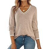 Dokotoo Womens Sweaters Dressy Casual Long Sleeve V Neck Lightweight Ribbed Knit Wool Pullover Jumper Top