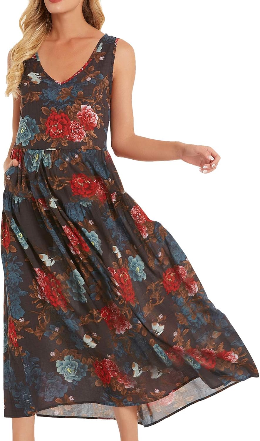 YESNO Women Casual Long Floral Printed Beach Party Maxi Dresses V Neck Summer Flared Tank Dress 