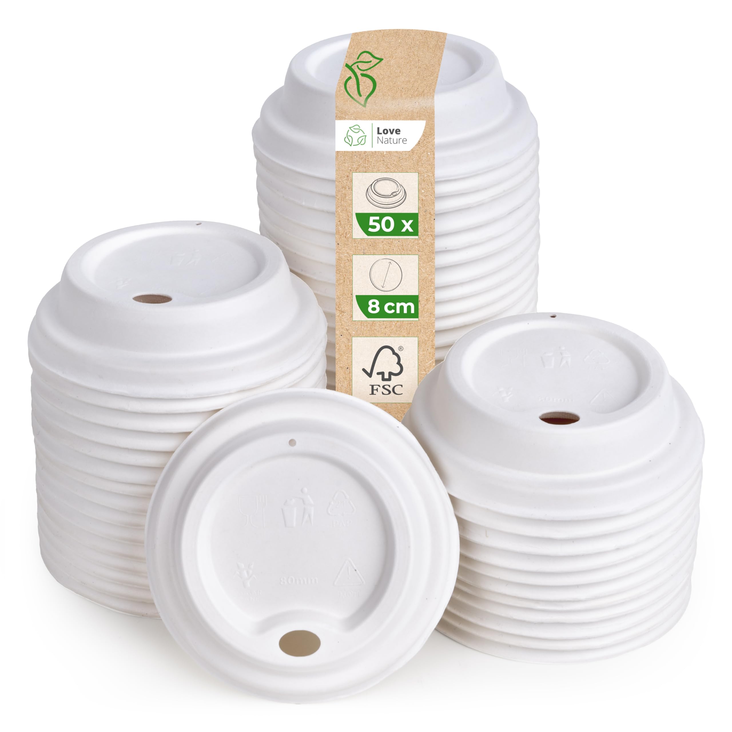 Love Nature Lids for Paper Cups 250 ml Pack of 50 - Lids for Disposable Sugarcane Cups - Disposable Coffee Cups to Go - Recyclable Lid for Coffee to Go Cups
