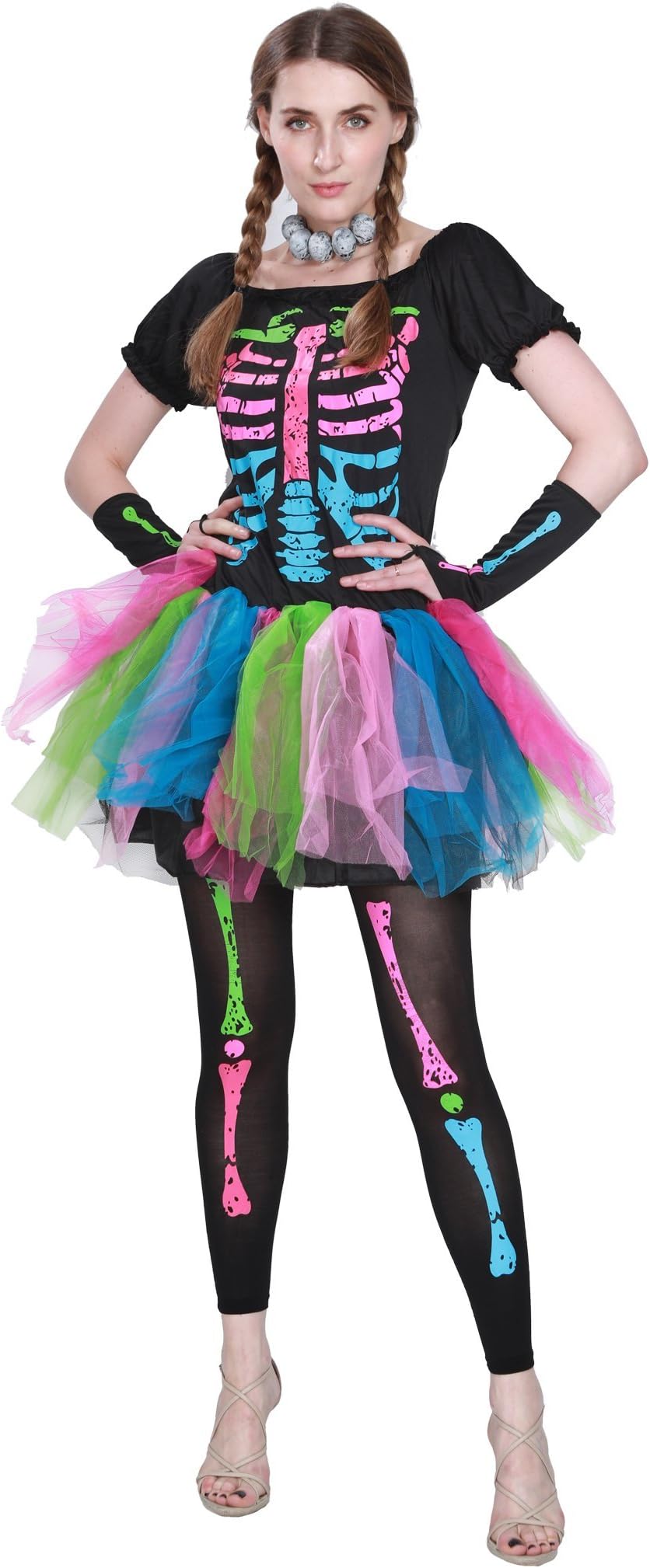 EraSpookyWomen Funky Punk Bones Costumes Skeleton Colorful Tutu Dress