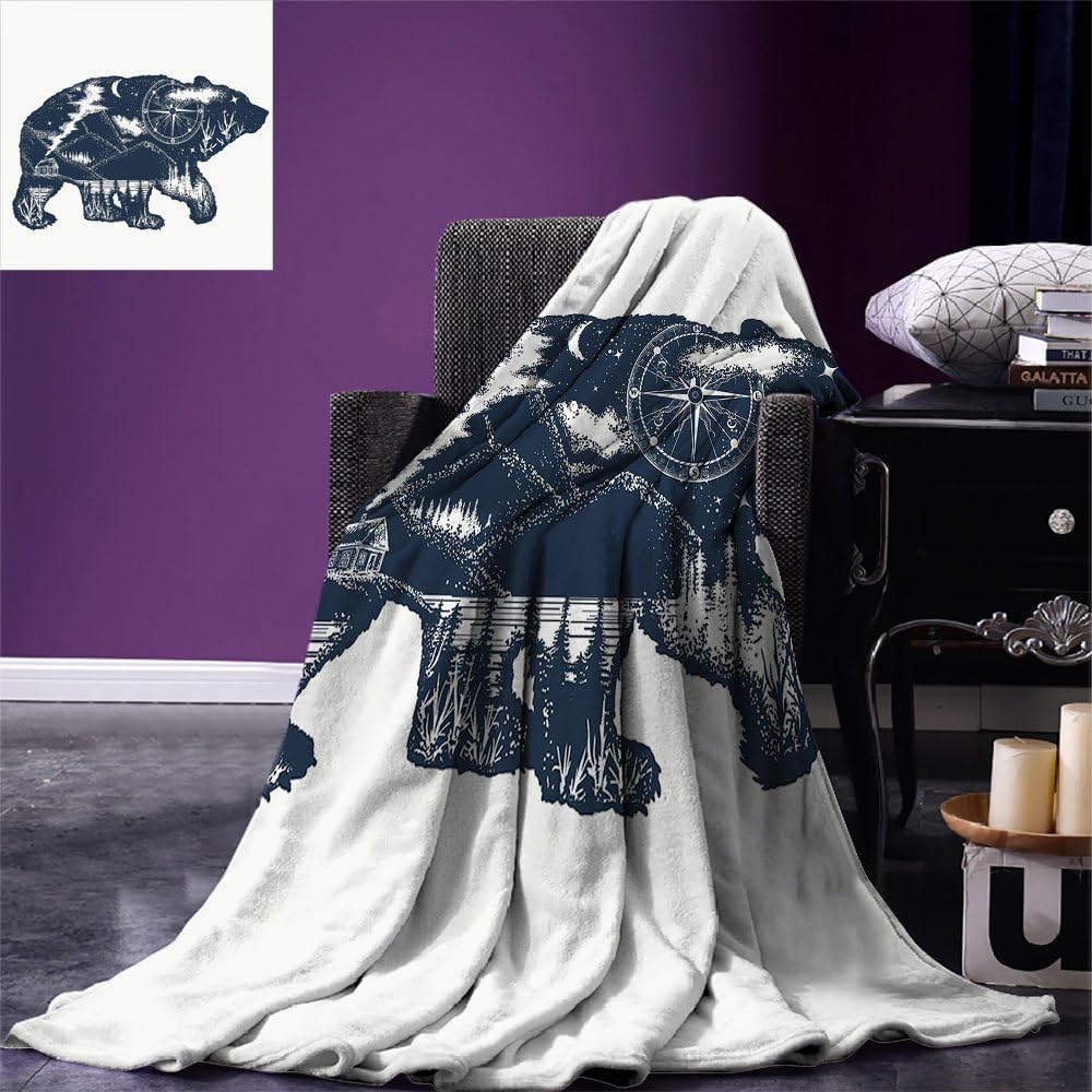 Luoiaax Cabin Decor Throw Blanket Bear Double Exposure Tattoo Art Image Great Outdoors Mountains Compass Warm Microfiber All Season Blanket for Bed or Couch Dark Blue White
