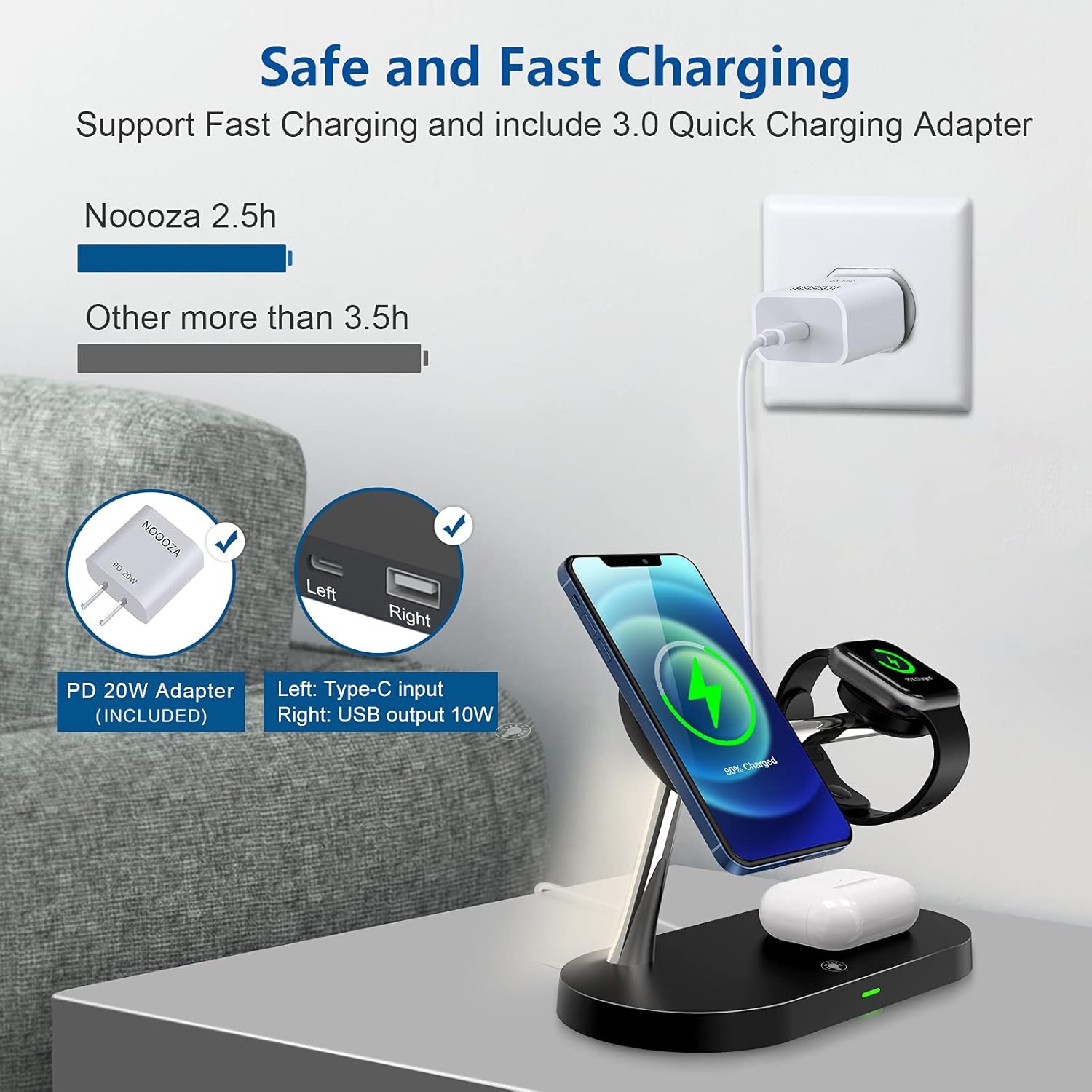 NOOOZA 3 in 1 Magnetic Wireless Charger Fast Charging Station Dock with 20 W QC3.0 Adapter Compatible with iPhone 12/12 Pro Max/Mini/AirPods Pro/AirPods 2 Magsafe Case iwatch Series, Black: Electronics