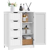 Yaheetech Bathroom Storage Cabinet with 4 Beadboard Drawers and Door, White | Floor Cabinet Hides Towels and Toiletries in Small Baths, Halls or Living Rooms, Adjustable Shelf, MDF, 26 x 14 x 35.5 in