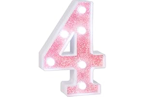 EUFONY LED Pink Glitter Marquee Light Up Number 4, Cool White Lights Marquee Numbers for Girls' Birthday Party Decorations, Battery-Powered Number Sign for Wedding, Baby Shower, Wall and Table Decor