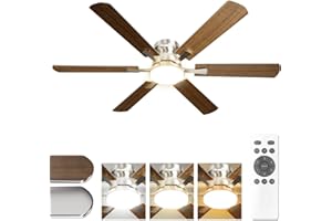 Hisummer 52 inch Modern Ceiling Fan with Light and Remote, Low Profile Flush Mount Farmhouse Ceiling Fan with Lights, Silver White Ceiling Fan with Light for Bedroom Living Room, 6 Blade, 6 Speeds