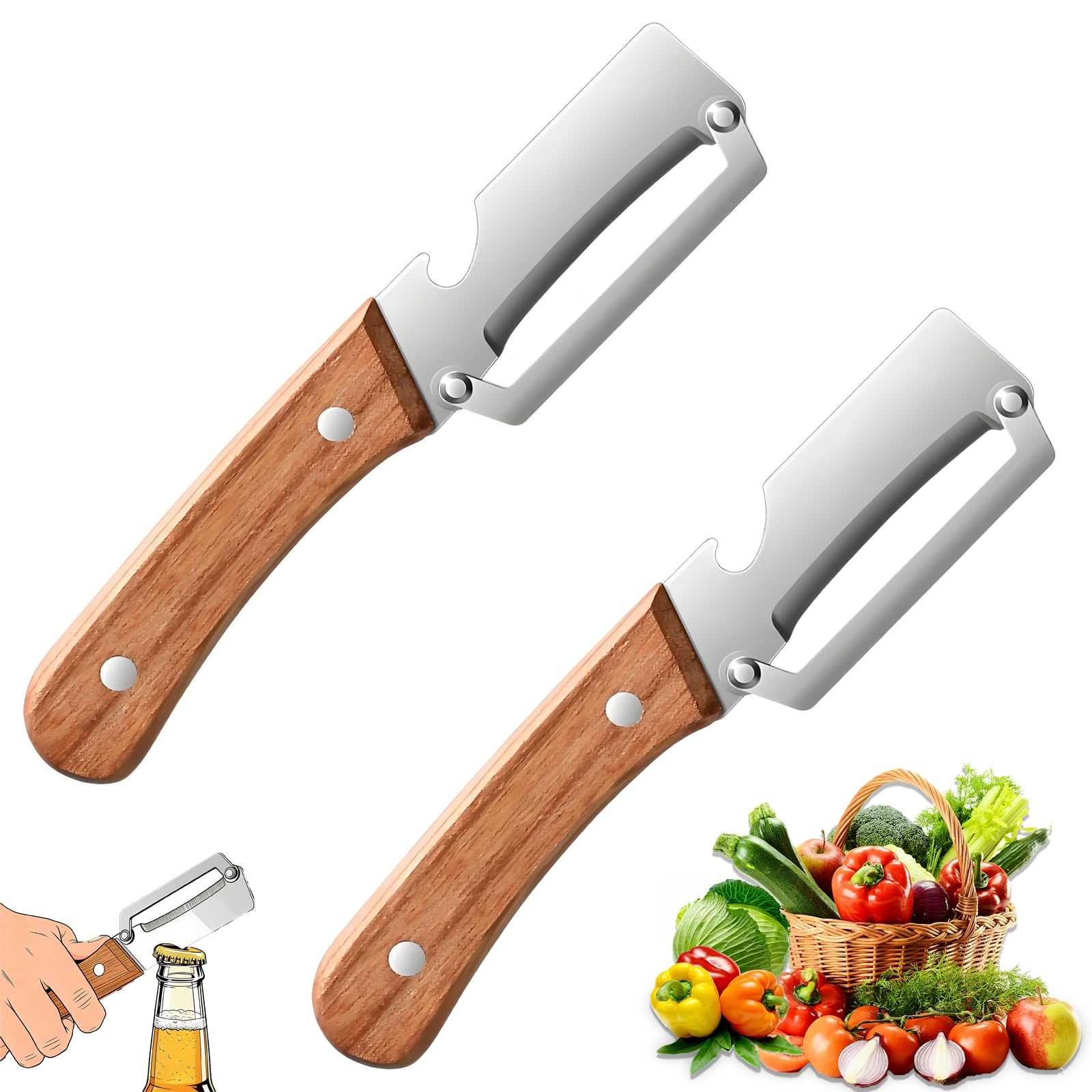 Photo 1 of 2 Pack Multifunctional Vegetable Peeler, Stainless Steel Blade with Ergonomic Wooden Handle, Non-Slip Fruit & Potato Peeler for Kitchen Use
