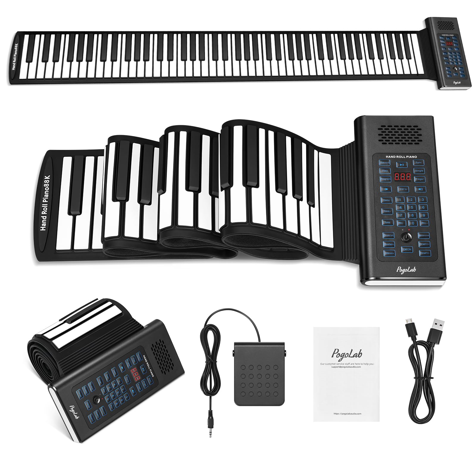 Photo 1 of POGOLAB 88 Keys Roll Up Keyboard Piano, Portable Electric Foldable Piano with Sustain Pedal, 20 Songs, 128 Tones, 128 Rhythms, Rechargeable & Wireless BT, Music Gift for Beginners (with LED Display)