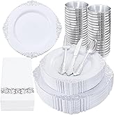 Nervure 350PCS Silver Plastic Dinnerware - White and Silver Disposable Plates for 50 Guests - 100 Disposable Plates, 150 Plastic Silverware, 50 Cups, 50 Napkins for Wedding & Party