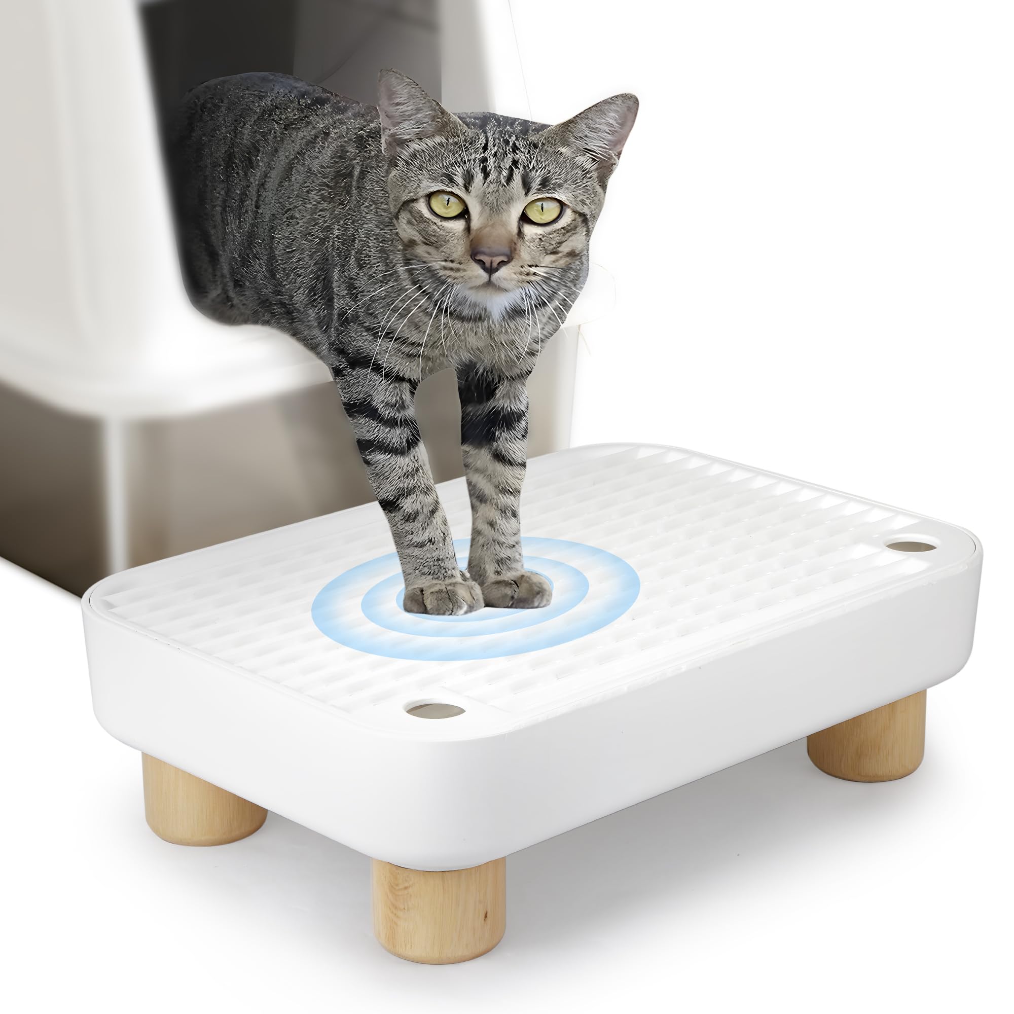 Photo 1 of FOPUNB Litter Box Step, Litter Box Ramp with Removable Wooden Legs, Anti-Tracking & Easy to Clean, Cat Ramp for Litter Box, Cat Steps for Small & Older Cats (White)