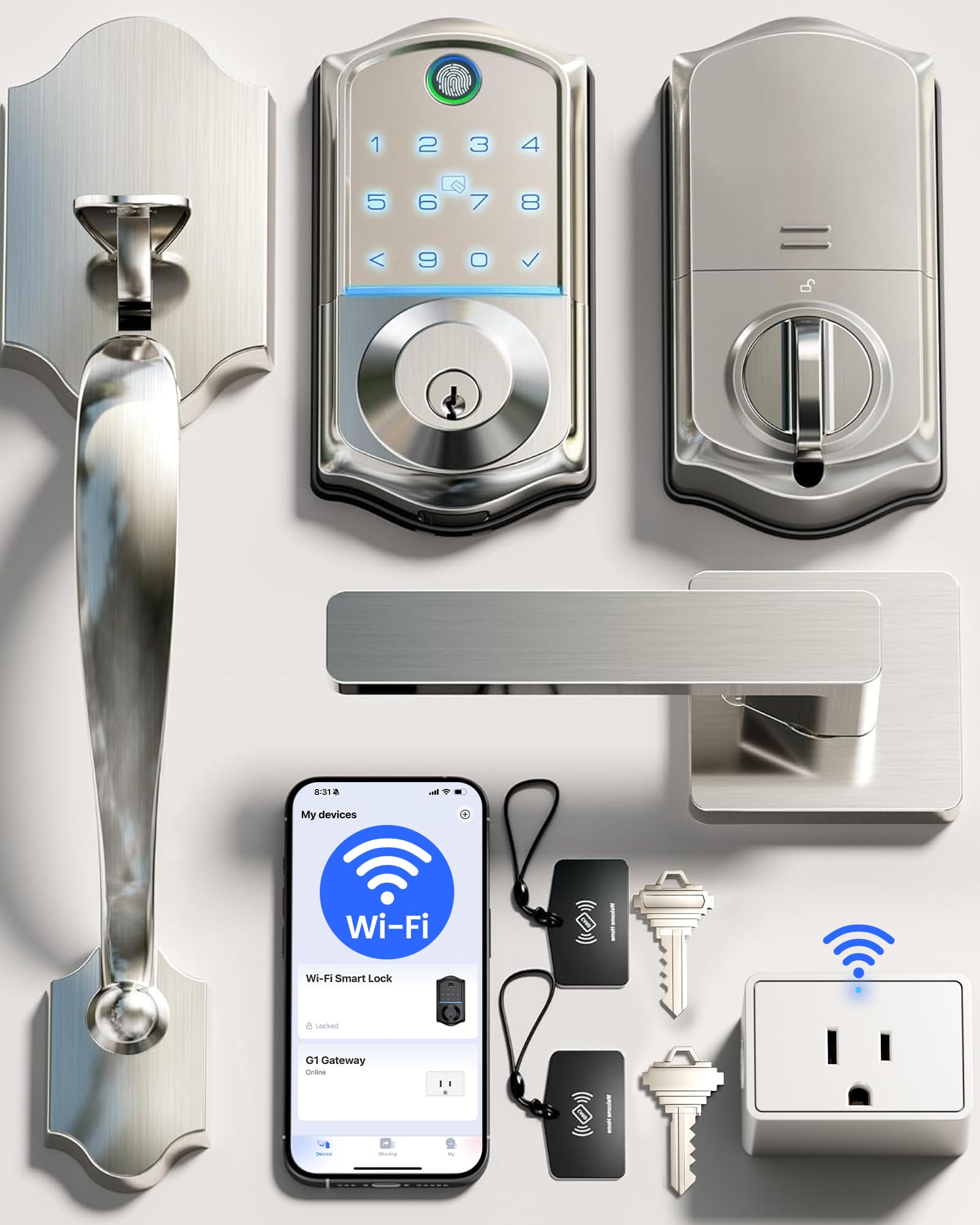 Photo 1 of Veise VE017G-H Wi-Fi Smart Fingerprint Front Door Lock Set, Remote App Control, Keyless Entry Deadbolt with Handle, Backlit Keypad, IP55 Weatherproof, Auto Lock, Easy to Install, Satin Nickel