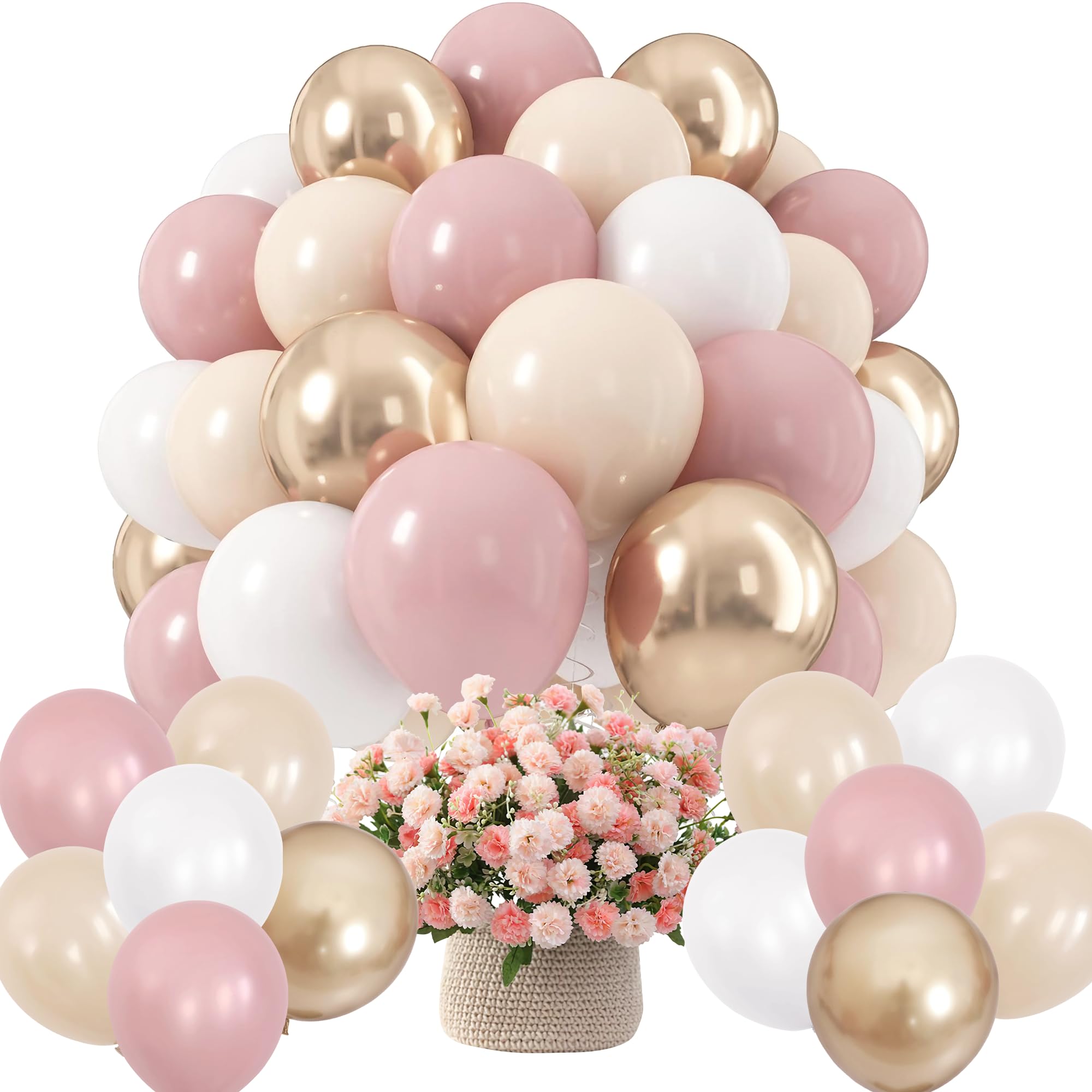 Jiusely 60 Pcs Vintage Pink Balloons Kit, 12 Inch Latex Balloons Set with Champagne Gold, White & Beige Confetti Balloon and Matching Ribbons for Baby Shower, Birthday, Wedding Decoration Supplies