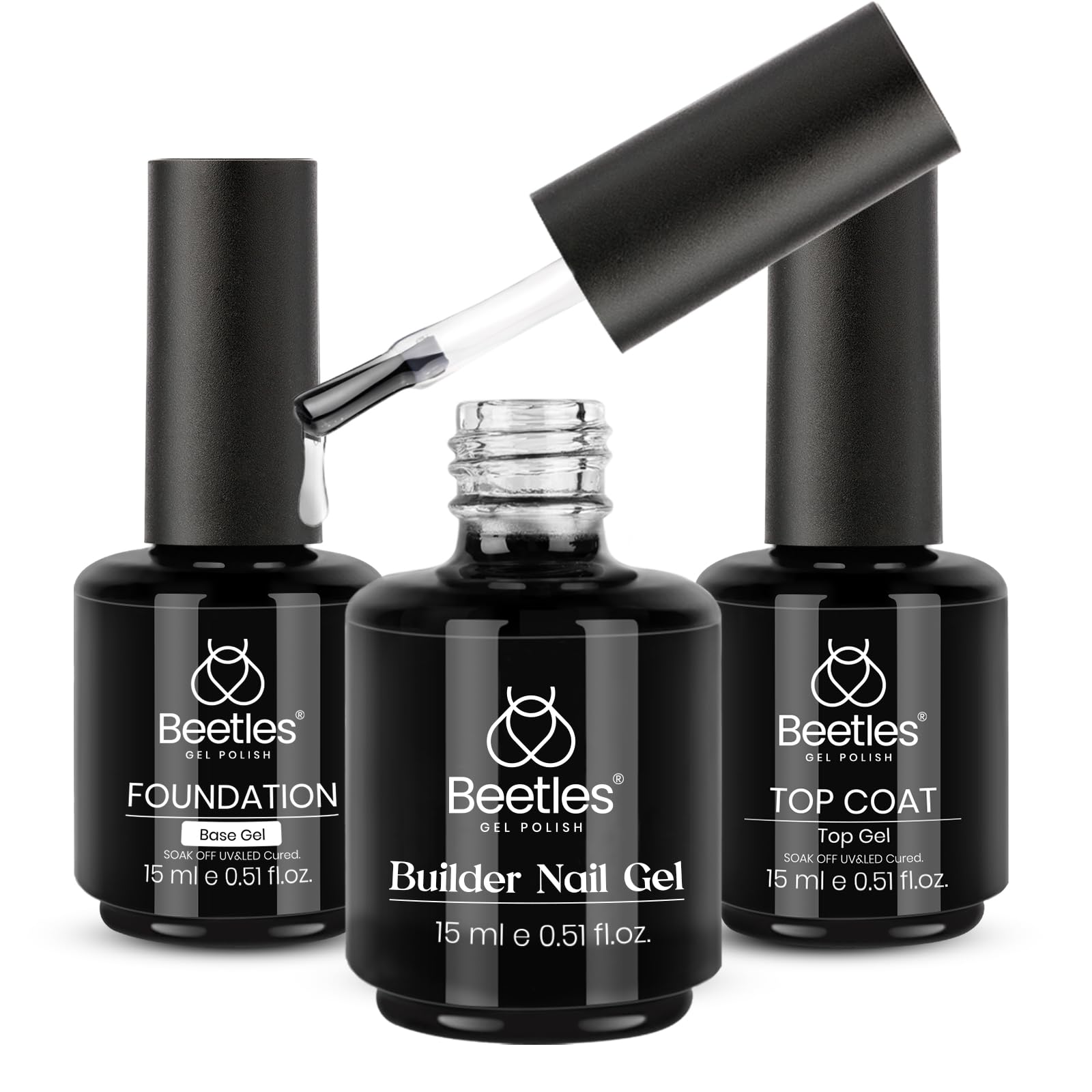 Beetles 3Pcs 15ml Builder Nail Gel with No Wipe Top Coat Gel Nail Polish and Base Coat Set for Nails Shine Finish and Long Lasting Nail Protection Gift for Women