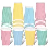 Whaline 100Pcs Pastel Color Disposable Coffee Cups with Lids 16oz Yellow Pink Blue Green Paper Cup Corrugated Ripple Wall Insulated Hot Cups for Spring Summer Silly Goose Home Office Party Supplies